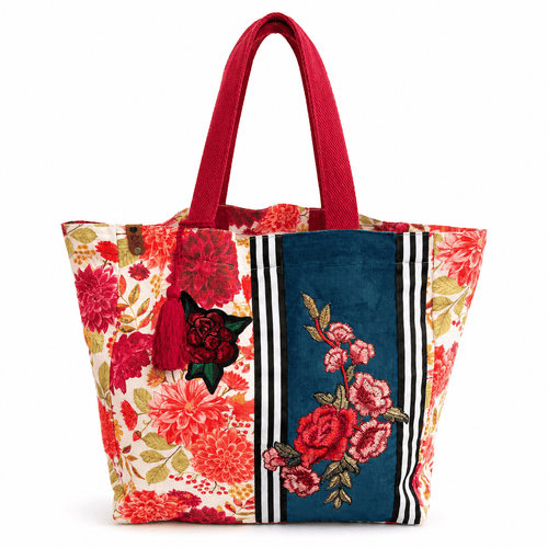 Floral Canvas Tote Bag Roses Dahlias Print Red Women Everyday Shoulder Bag