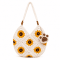 Crochet Sunflower Granny Square Wool Bag Yellow Wood Beads Shoulder Crossbody Handmade