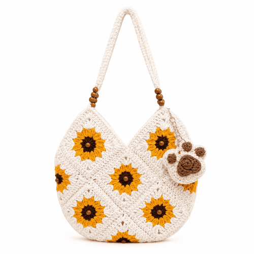 Crochet Sunflower Granny Square Wool Bag Yellow Wood Beads Shoulder Crossbody Handmade