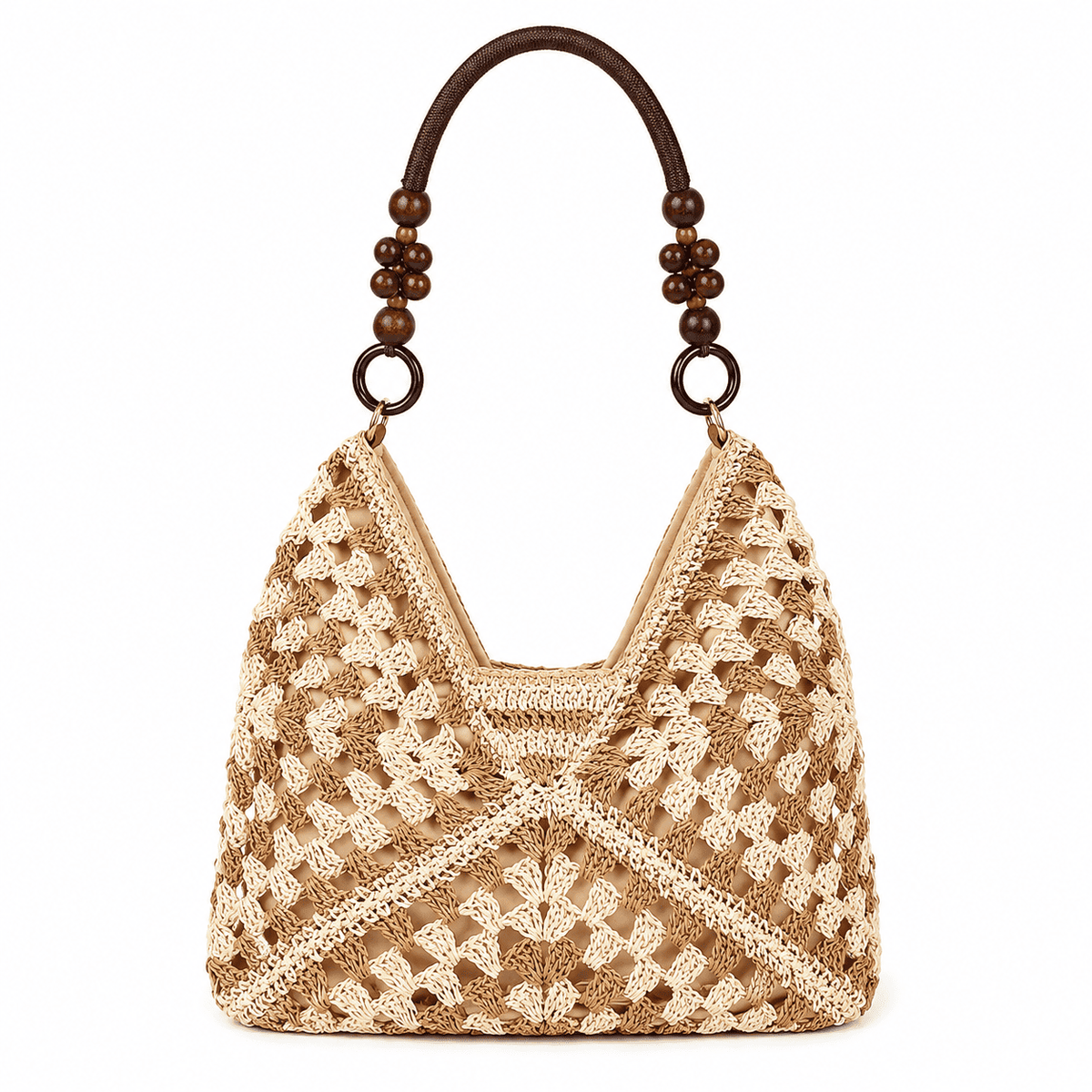 Crochet Granny Square Tote Bag Wood Bead Handles Women Shoulder Bag 4 Colors