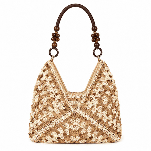 Crochet Granny Square Tote Bag Wood Bead Handles Women Shoulder Bag 4 Colors